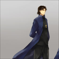 Rule 34 | 1boy, amakura (am as), brown hair, cheekbones, closed eyes, cross, fate/stay night, fate/zero, fate (series), grey background, jewelry, kotomine kirei, long coat, male focus, necklace, simple background, smile, solo