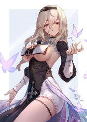 Rule 34 | 1girl, aponia (honkai impact), breasts, bug, butterfly, clothing request, collar, cross, frills, habit, hair between eyes, half-closed eyes, highres, honkai (series), honkai impact 3rd, indoors, insect, large breasts, long bangs, long hair, long sleeves, looking at viewer, nun, parted bangs, pelvic curtain, purple butterfly, red eyes, solo, thigh strap, thighs, underboob, yelan xing xuan