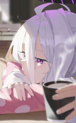 Rule 34 | 1girl, absurdres, ahoge, blue archive, blurry, blurry background, closed mouth, cup, depth of field, hair between eyes, halo, highres, hina (blue archive), hina (pajamas) (blue archive), li-mi, long hair, long sleeves, profile, purple eyes, solo focus, very long hair, white hair