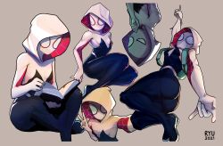 Rule 34 | 1girl, absurdres, ass, bad id, bad pixiv id, bag, bodysuit, book, breasts, gwen stacy, highres, hood, hooded bodysuit, looking at viewer, marvel, mask, ryu (ryuwanshoy), silk, simple background, skin tight, solo, spider-gwen, spider-man (series), spider web, spider web print, superhero costume