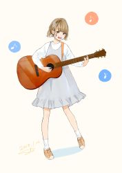 Rule 34 | 1girl, absurdres, acoustic guitar, artist name, blonde hair, brown eyes, commentary request, dated, dress, full body, guitar, highres, holding, holding guitar, holding instrument, instrument, long sleeves, looking at viewer, music, musical note, open mouth, original, playing instrument, quaver, sako (35s 00), shoes, short hair, simple background, singing, sneakers, socks, solo, standing, teeth, white background, white socks