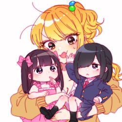 Rule 34 | 3girls, black hair, black socks, blazer, blonde hair, blue jacket, bow, breasts, chibi, cleavage, commentary request, dress, dual persona, finger in own mouth, gal to otaku wa wakari aenai., hair bobbles, hair bow, hair ornament, hair over one eye, hand on another&#039;s face, holding person, idol, jacket, kawai rou, looking at another, multiple girls, necktie, open mouth, otonashi amane, pink bow, pink dress, red neckwear, saotome maria (gal to otaku), school uniform, shirt, shoes, simple background, sleeveless, sleeveless dress, socks, sweatdrop, sweater, white background, white shirt