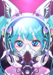 Rule 34 | 1girl, absurdres, animal ear headphones, animal ears, bare shoulders, blue eyes, blue hair, fake animal ears, hatsune miku, headphones, highres, kinosuke (pattaba), long hair, looking at viewer, portrait, respirator, solo, twintails, vocaloid