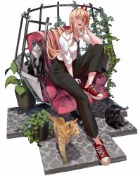 Rule 34 | 1girl, armchair, black cat, black necktie, black pants, cat, chainsaw man, chair, cross-shaped pupils, demon horns, floor, full body, hand on own cheek, hand on own face, highres, horns, long hair, looking at viewer, necktie, open mouth, orange cat, orange eyes, orange hair, pants, parted lips, plant, power (chainsaw man), red footwear, shinoda giri, shirt, shoes, sitting, sleeves rolled up, sneakers, solo, symbol-shaped pupils, teeth, twitter username, upper teeth only, white shirt