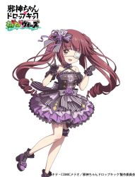 Rule 34 | 1girl, 4frogsinc, bare shoulders, black gloves, blush, breasts, brown eyes, brown hair, dress, eyebrows hidden by hair, eyepatch, flower, fox shadow puppet, frilled dress, frills, gloves, gothic lolita, hair flower, hair ornament, hair ribbon, hanazono yurine, jashin-chan dropkick, lolita fashion, long hair, looking at viewer, open mouth, ribbon, simple background, small breasts, smile, solo, twintails, white background