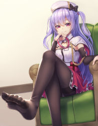 Rule 34 | 1girl, aiguillette, ajax (azur lane), armchair, asisuki, azur lane, beret, black pantyhose, blush, breasts, capelet, chair, closed mouth, crossed legs, elbow gloves, feet, femdom, foot focus, from below, gloves, hat, highres, indoors, knee up, long hair, looking at viewer, military, military uniform, no shoes, pantyhose, purple eyes, purple hair, red skirt, sitting, skirt, small breasts, smile, soles, solo, thighband pantyhose, thighs, toes, tsurime, two side up, uniform