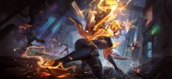 Rule 34 | 1girl, :d, absurdres, belt, black bodysuit, blonde hair, bodysuit, breasts, cable, city, electricity, highres, holding, holding weapon, large breasts, league of legends, long hair, medium hair, official alternate costume, official art, open mouth, outdoors, project: zeri, robot, sliding, smile, solo focus, teeth, third-party source, tinted eyewear, weapon, yellow-tinted eyewear, zeri (league of legends)
