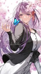 Rule 34 | 1girl, black jacket, bug, butterfly, buttons, cherry blossoms, commentary request, dress, english text, fate/stay night, fate (series), fingernails, flower, grin, hair between eyes, hair ribbon, happy birthday, heaven&#039;s feel, highres, insect, jacket, lips, long hair, long sleeves, looking at viewer, matou sakura, open clothes, open jacket, petals, pink flower, pink lips, purple eyes, purple hair, red ribbon, ribbon, shimatori (sanyyyy), smile, solo, very long hair, white dress
