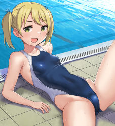 Rule 34 | 1girl, blonde hair, blue one-piece swimsuit, breasts, cameltoe, commentary request, competition swimsuit, covered navel, green eyes, hashi, looking at viewer, lying, on back, one-piece swimsuit, open mouth, original, pool, poolside, short hair, small breasts, solo, spread legs, swimsuit, twintails, water