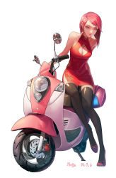 Rule 34 | 1girl, absurdres, artist name, bare shoulders, black thighhighs, blue eyes, bob cut, breasts, china dress, chinese clothes, cleavage, cleavage cutout, clothing cutout, dated, dress, eyelashes, full body, haje, halterneck, helmet, highres, lips, looking at viewer, motor vehicle, pink hair, red dress, scooter, short dress, short hair, side slit, simple background, sitting, sleeveless, sleeveless dress, smile, solo, swept bangs, thighhighs, turtleneck, unworn headwear, unworn helmet, vehicle, white background