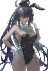 Rule 34 | 1girl, absurdres, animal ears, armpits, bare arms, bare shoulders, black hair, black hairband, black leotard, blue archive, bow, bowtie, breasts, cleavage, covered navel, cowboy shot, dark-skinned female, dark skin, detached collar, fake animal ears, fishnet pantyhose, fishnets, gloves, gluteal fold, hairband, halo, hand on own hip, hand up, highleg, highleg leotard, highres, karin (blue archive), karin (bunny) (blue archive), large breasts, leotard, long hair, looking at viewer, marulire, official alternate costume, pantyhose, playboy bunny, ponytail, rabbit ears, side-tie leotard, simple background, solo, standing, strapless, strapless leotard, thighs, very long hair, white background, white gloves, wrist cuffs, yellow eyes