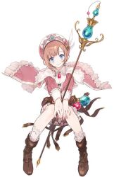 1girl atelier_(series) atelier_rorona blue_eyes boots brown_footwear capelet closed_mouth floating_clothes full_body hat holding holding_staff long_sleeves looking_at_viewer nelke_to_densetsu_no_renkinjutsushi_tachi noco_(adamas) official_art pink_capelet pink_hat rorolina_frixell second-party_source short_hair simple_background sitting smile solo staff white_background