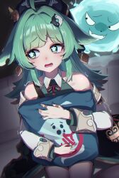 Rule 34 | 1girl, absurdres, animal ears, bare shoulders, commentary request, detached sleeves, floppy ears, green eyes, green hair, highres, honkai: star rail, honkai (series), hugging object, huohuo (honkai: star rail), kry oekk, long hair, long sleeves, looking to the side, open mouth, paw-shaped pupils, pillow, pillow hug, sitting, solo, symbol-shaped pupils, tearing up, trembling, wariza, yin yang hair ornament