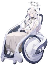 Rule 34 | 1girl, blue archive, breasts, flower, full body, gloves, grey eyes, grey hair, hair flower, hair ornament, halo, headband, highres, himari (blue archive), long hair, long skirt, mole, mole under eye, official art, pointy ears, powered wheelchair, sitting, skirt, small breasts, smile, solo, transparent background, wheelchair
