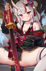 Rule 34 | 1girl, :q, ayaoshiro, blush, breasts, commission, hair bun, heart, heart-shaped pupils, highres, holding, holding sword, holding weapon, hololive, horns, japanese clothes, katana, kimono, long hair, looking at viewer, multicolored hair, nakiri ayame, nakiri ayame (1st costume), no panties, obi, oni, red eyes, red hair, sash, skeb commission, skin-covered horns, small breasts, solo, spread legs, streaked hair, sword, symbol-shaped pupils, thighhighs, tongue, tongue out, virtual youtuber, weapon, white hair, white thighhighs