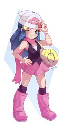 Rule 34 | armpits, bag, beanie, black shirt, black socks, blue eyes, blue hair, boots, bracelet, breasts, creatures (company), dawn (pokemon), dot nose, duffel bag, eyelashes, floating hair, floating scarf, full body, game freak, gold bracelet, hair ornament, hairclip, hand on own hip, hand up, hat, highres, holding, holding poke ball, jewelry, knee boots, kneehighs, knees, long hair, looking at viewer, medium breasts, miniskirt, nin10ja, nintendo, one eye closed, pink footwear, pink scarf, pink skirt, poke ball, poke ball (basic), poke ball print, pokemon, pokemon dppt, poketch, scarf, shiny skin, shirt, sidelocks, simple background, skirt, sleeveless, sleeveless shirt, smile, socks, solo, standing, thighs, w, watch, white background, white hat, wide hips, wink, wristwatch, yellow bag