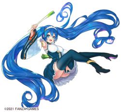 Rule 34 | 1girl, anklet, arm up, blue eyes, blue footwear, blue hair, blue thighhighs, breasts, character request, copyright name, copyright notice, covering crotch, covering privates, detached sleeves, dress, floating, floating hair, frilled dress, frills, fruits fulcute!, hair between eyes, high heels, highres, holding, jewelry, kirikawa ikumu, large breasts, long hair, looking at viewer, official art, open mouth, short dress, simple background, solo, spring onion, thighhighs, twintails, very long hair, white background, wide sleeves