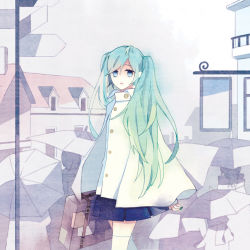 Rule 34 | 1girl, alternate costume, arms at sides, bad id, bad pixiv id, blue eyes, blue skirt, building, buttons, casual, cloak, cowboy shot, crowd, expressionless, hatsune miku, holding, house, long hair, looking at viewer, mig (36th underground), miniskirt, nail polish, outdoors, pleated skirt, scarf, shaded face, signpost, skirt, sky, solo focus, suitcase, swept bangs, thighhighs, twintails, umbrella, vocaloid, walking, white thighhighs, zettai ryouiki
