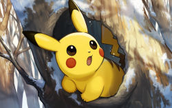 Rule 34 | brown eyes, commentary request, creatures (company), day, game freak, gen 1 pokemon, in tree, looking to the side, nintendo, no humans, open mouth, outdoors, peeking out, pikachu, pokemon, pokemon (creature), snow, solo, starrytree, tongue, tree