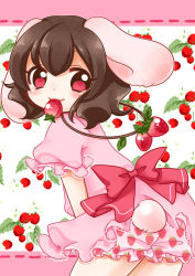 Rule 34 | 1girl, :3, absurdres, animal ears, bloomers, bow, brown hair, eyebrows, floral background, flower, food, food in mouth, food print, frilled sleeves, frills, from behind, fruit, fruit background, highres, inaba tewi, jewelry, looking at viewer, looking back, necklace, pink eyes, puffy short sleeves, puffy sleeves, rabbit ears, rabbit girl, rabbit tail, raspberry, s-s (ss), short sleeves, solo, strawberry, strawberry print, tail, touhou, underwear