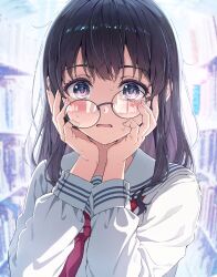 Rule 34 | 0v0 (l seohui), 1girl, absurdres, black-framed eyewear, black hair, blue eyes, blurry, blurry background, blush, commentary, crooked eyewear, depth of field, glasses, hands on own face, hands up, highres, long hair, long sleeves, looking at viewer, neckerchief, open mouth, original, red neckerchief, round eyewear, sailor collar, school uniform, serafuku, shirt, solo, straight-on, symbol-only commentary, upper body, white shirt