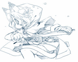 Rule 34 | 1girl, action, animal ears, blue theme, gloves, monochrome, original, rikose, sketch, solo, sword, thighhighs, weapon