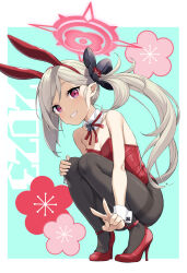 Rule 34 | 1girl, 2023, alternate costume, animal ears, bare shoulders, black flower, black pantyhose, blue archive, bow, bowtie, cherry blossoms, chinese zodiac, detached collar, fake animal ears, floral background, flower, grey hair, hair flower, hair ornament, halo, high heels, highres, legs, leotard, long hair, looking at viewer, mutsuki (blue archive), pantyhose, playboy bunny, rabbit ears, red footwear, red leotard, shoes, side ponytail, smile, solo, squatting, strapless, strapless leotard, takayaki, two-tone background, v, very long hair, wrist cuffs, year of the rabbit