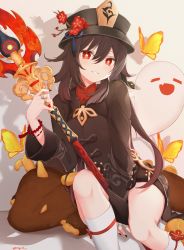 Rule 34 | 1girl, bead bracelet, beads, black hat, black nails, black shorts, blush, bracelet, branch, brown coat, brown hair, bug, butterfly, coat, collared coat, collared shirt, colored tips, flower, flower-shaped pupils, genshin impact, ghost, hair between eyes, hair ornament, hat, hat flower, hat ornament, highres, hu tao (genshin impact), insect, jewelry, long hair, long sleeves, looking at viewer, multicolored hair, multiple rings, nail polish, on floor, plum blossoms, polearm, porkpie hat, red eyes, red flower, red shirt, rex lapis (genshin impact), ring, shirt, shorts, sidelocks, signature, simple background, smile, socks, solo, staff of homa (genshin impact), stuffed toy, symbol-shaped pupils, talisman, tassel, vayneeeee, weapon, white socks