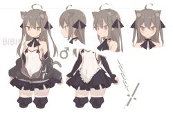 Rule 34 | 1boy, absurdres, ahoge, animal ear fluff, animal ears, arm warmers, black jacket, black skirt, black thighhighs, brown eyes, brown hair, camisole, cat ears, cat tail, highres, jacket, long hair, male focus, miniskirt, off shoulder, original, shippitsu, simple background, skirt, solo, tail, thighhighs, trap, white background, white camisole, zettai ryouiki