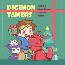 Rule 34 | christmas, culumon, digimon, goggles, goggles on head, green eyes, guilmon, impmon, looking at another, lowres, matsuda takato, tail