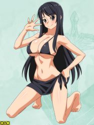 Rule 34 | 1girl, bad id, bad pixiv id, bare arms, bare legs, bare shoulders, barefoot, bikini, bikini top only, black bikini, black eyes, black hair, blush, breasts, cleavage, closed mouth, copyright request, full body, green background, hand on own hip, hand up, head tilt, kneeling, large breasts, long hair, looking at viewer, navel, omc, ra-pen, sarong, smile, solo, spread fingers, stomach, swimsuit, tareme