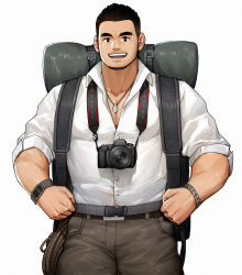 Rule 34 | 1boy, bara, black eyes, bright pupils, brown hair, camera, commentary request, facial hair, highres, large pectorals, looking at viewer, male focus, mature male, muscular, muscular male, open mouth, original, pectoral cleavage, pectorals, peterhl, short hair, smile, solo, stubble