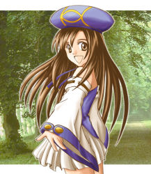 Rule 34 | 1girl, :d, atelier (series), atelier iris, atelier iris eternal mana, bare shoulders, beret, brown hair, cowboy shot, detached sleeves, dress, female focus, gust, hat, letterboxed, lita blanchimont, long sleeves, open mouth, outdoors, outstretched arm, plant, smile, solo, thighs, tree, white dress, wide sleeves