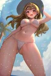 Rule 34 | 1girl, :d, arm up, armpits, bare arms, bare legs, bare shoulders, beach, bikini, bird, blonde hair, blue sky, blush, breasts, brown eyes, brown hair, c (theta), cameltoe, cleft of venus, cloud, cloudy sky, cowboy shot, day, from below, front-tie bikini top, front-tie top, gluteal fold, hand on headwear, hat, highres, idolmaster, idolmaster million live!, long hair, looking at viewer, medium breasts, miyao miya, navel, open mouth, outdoors, palm leaf, palm tree, seagull, see-through, sky, smile, solo, standing, string bikini, sun hat, swimsuit, tree, underboob, white bikini