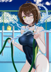 Rule 34 | 1girl, absurdres, ahoge, azur lane, baltimore (azur lane), bird, blue one-piece swimsuit, blue sky, breasts, brown hair, chick, cloud, competition swimsuit, covered navel, day, ebizen, empty pool, grin, highres, holding, holding hose, hose, manjuu (azur lane), medium breasts, one-piece swimsuit, outdoors, pool, pool ladder, short hair, sky, smile, standing, swimsuit, water, yellow eyes
