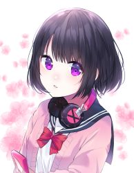 Rule 34 | 1girl, bad id, bad pixiv id, black hair, blue sailor collar, blunt bangs, bob cut, bow, bowtie, cardigan, cellphone, cherry blossoms, commentary, eyes visible through hair, flower, headphones, headphones around neck, highres, holding, holding phone, looking at viewer, original, parted lips, phone, pink cardigan, pink flower, purple eyes, red bow, sailor collar, school uniform, serafuku, short hair, smartphone, smartphone case, solo, symbol-only commentary, urim (paintur), white background