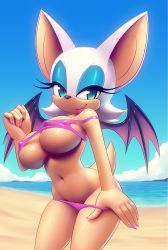 Rule 34 | 1girl, animal ears, ass, bat ears, bat wings, bikini, blue eyes, breasts, come hither, contrapposto, eyelashes, eyeshadow, half-closed eyes, hand under clothes, hand under swimsuit, large breasts, lipstick, looking at viewer, makeup, micro bikini, nail polish, nitro, pink bikini, pink lips, pink nails, rouge the bat, seductive smile, sega, shiny skin, skindentation, smile, smirk, solo, sonic (series), standing, stomach, swimsuit, tail, wide hips, wings