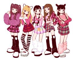 Rule 34 | 5girls, absurdres, belt, black belt, black eyes, black thighhighs, blunt bangs, bow, braid, brown hair, clenched hands, crossed arms, danielle (newjeans), double bun, everyone, grey eyes, haerin (newjeans), hair behind ear, hair bow, hair bun, hand on own hip, hanni (newjeans), highres, hyein (newjeans), iwashi iwashimo, jacket, k-pop, looking at viewer, low twintails, midriff peek, minji (newjeans), multiple girls, newjeans, pink bow, pink jacket, pink shirt, pink skirt, plaid, plaid skirt, purple sweater, real life, shirt, shoes, sidelocks, simple background, skirt, smile, sneakers, striped clothes, striped thighhighs, sweater, thighhighs, twintails, two side up, white background, white footwear