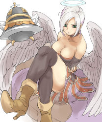 Rule 34 | 1girl, absurdres, angel wings, bare shoulders, black choker, black thighhighs, boots, breasts, brown footwear, choker, cleavage, closed mouth, crossed legs, dragon quest, dragon quest ix, earrings, feathered wings, female focus, green eyes, halo, high heel boots, high heels, highres, hoop earrings, jewelry, looking at viewer, medium breasts, over-kneehighs, pretty-purin720, raviel, simple background, solo, strapless, thighhighs, thighs, white background, white hair, white wings, wings
