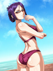 Rule 34 | 10s, 1girl, ass, black hair, braid, breasts, casual one-piece swimsuit, day, folded ponytail, glasses, hand on own hip, large breasts, monteriakitto, ocean, one-piece swimsuit, purple eyes, purple hair, purple one-piece swimsuit, red-framed eyewear, ridget (suisei no gargantia), short hair, sky, solo, suisei no gargantia, swimsuit