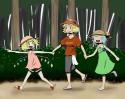 Rule 34 | 3girls, :d, aki minoriko, blonde hair, blue hair, casual, clothes writing, contemporary, dress, closed eyes, female focus, flandre scarlet, food, fruit, grapes, holding hands, hat, hat ribbon, komeiji koishi, multiple girls, open mouth, pointing, ribbon, short hair, shorts, smile, sun hat, sundress, third eye, touhou, trait connection, walking, wings, zannen na hito