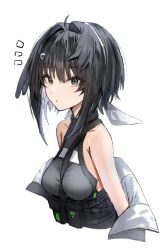 Rule 34 | 1girl, arknights, bare shoulders, black eyes, black hair, black shirt, breasts, commentary request, feather hair, highres, horn/wood, la pluma (arknights), looking at viewer, medium hair, notice lines, off shoulder, shirt, short hair, simple background, sleeveless, sleeveless shirt, small breasts, solo, upper body, white background