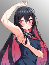 Rule 34 | 1girl, arata, armpits, black hair, blue serafuku, blush, colored eyelashes, colored inner hair, commentary, genderswap, genderswap (mtf), gradient background, grey background, hair between eyes, hand up, highres, long hair, looking away, multicolored hair, neckerchief, pink hair, presenting armpit, red eyes, red neckerchief, ren (witch&#039;s weapon), sailor collar, school uniform, serafuku, sidelocks, simple background, solo, sweat, two-tone hair, upper body, very long hair, witch&#039;s weapon