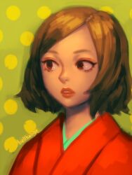 Rule 34 | 1girl, artist name, bellhenge, brown eyes, brown hair, commentary, english commentary, eyelashes, eyeshadow, green background, japanese clothes, kimono, lipstick, looking to the side, makeup, open mouth, orange kimono, original, polka dot, polka dot background, realistic, red eyeshadow, red lips, shadow, short hair, teeth, thick eyebrows, upper body