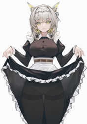 Rule 34 | 1girl, absurdres, animal ears, apron, arknights, black pantyhose, breasts, clothes lift, commentary request, cowboy shot, dress, dress lift, fanshu, grey background, grey eyes, highres, juliet sleeves, kal&#039;tsit (arknights), large breasts, lifting own clothes, long sleeves, looking at viewer, maid, maid apron, maid headdress, official alternate costume, panties, panties under pantyhose, pantyhose, parted lips, puffy sleeves, short hair, silver hair, simple background, solo, standing, thighband pantyhose, thighs, underwear, waist apron, white apron