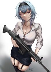 Rule 34 | 1girl, absurdres, alternate costume, black hairband, black skirt, black thighhighs, blue hair, breasts, brown eyes, caiman pool, cleavage, collarbone, commentary, cowboy shot, eula (genshin impact), garter straps, genshin impact, gradient background, grey background, gun, hairband, highres, holding, holding gun, holding weapon, large breasts, long sleeves, looking at viewer, medium hair, miniskirt, parted lips, pencil skirt, shirt, skirt, solo, standing, thighhighs, thighs, trigger discipline, weapon, white background, white shirt, zettai ryouiki