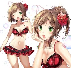 Rule 34 | 1girl, ;o, animal ears, bad id, bad pixiv id, bare shoulders, bikini, bikini skirt, blush, bracelet, breasts, brown hair, cat ears, cleavage, collarbone, fang, flower, green eyes, hair flower, hair ornament, idolmaster, idolmaster cinderella girls, jewelry, lace, lace-trimmed bikini, lace trim, looking at viewer, maekawa miku, medium breasts, navel, necklace, one eye closed, open mouth, paw pose, pinb, plaid, plaid bikini, plaid skirt, ponytail, red bikini, red flower, red skirt, short hair, simple background, skirt, solo, swimsuit, white background