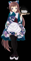 Rule 34 | 1girl, :d, apron, black background, black thighhighs, blush, bowl, brown hair, clog sandals, crossed ankles, dress, female focus, floral print, food, frilled apron, frills, full body, geta, hair ribbon, hand to own mouth, highres, holding, holding tray, japanese clothes, kimono, kimono skirt, legs, long hair, long sleeves, looking at viewer, maid, mikazukimo, obi, okobo, open mouth, original, print dress, print kimono, purple eyes, ribbon, ribbon-trimmed legwear, ribbon trim, sandals, sash, shrimp, simple background, smile, solo, standing, tabi, thighhighs, tray, upskirt, very long hair, wa maid, waitress, wide sleeves, zettai ryouiki