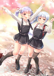 Rule 34 | 10s, 2girls, arm up, asymmetrical legwear, backpack, bad id, bad pixiv id, bag, belt, blue hair, brown eyes, buttons, clenched hands, dress, grey legwear, hair ribbon, juurouta, kantai collection, kasumi (kancolle), kneehighs, long hair, long sleeves, looking at viewer, multiple girls, one eye closed, ooshio (kancolle), open mouth, outstretched arms, petals, pinafore dress, purple eyes, purple hair, randoseru, remodel (kantai collection), ribbon, school uniform, searchlight, shirt, side ponytail, silver hair, single kneehigh, single sock, single thighhigh, sleeveless, sleeveless dress, smile, socks, standing, suspenders, thighhighs, twintails, uneven legwear, white shirt