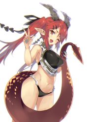 Rule 34 | 1girl, ;d, bare arms, bare shoulders, black panties, black ribbon, blue nails, blush, breasts, brown eyes, commentary request, crop top, dragon girl, dragon horns, dragon tail, eyebrows hidden by hair, fang, fingernails, groin, hair ornament, hair ribbon, hairclip, hands up, highres, holding tail, horns, large breasts, long fingernails, long hair, nail polish, navel, nuqura, one eye closed, open mouth, original, panties, pointy ears, red hair, ribbon, sharp fingernails, simple background, smile, solo, tail, twintails, underwear, v, very long hair, white background